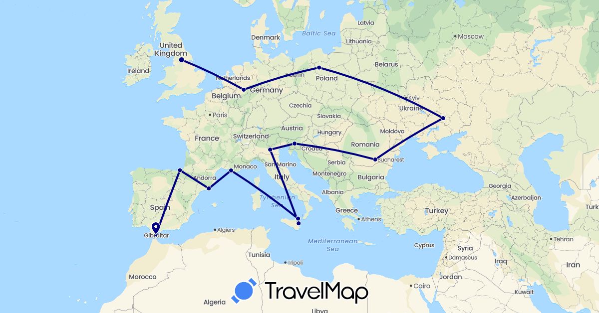 TravelMap itinerary: driving in Germany, Spain, France, United Kingdom, Italy, Poland, Romania, Slovenia, Ukraine (Europe)